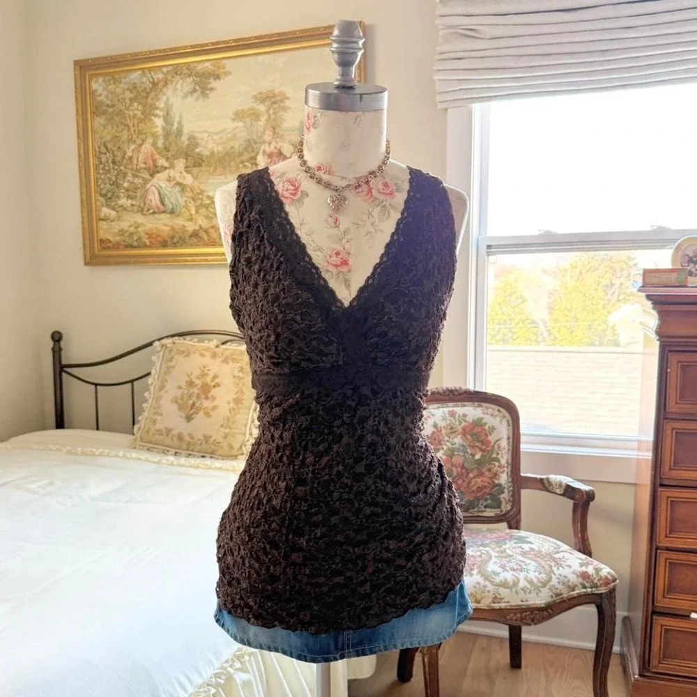 Y2K brown lace v neck tank INC fits like a medium - Picture 1 of 4